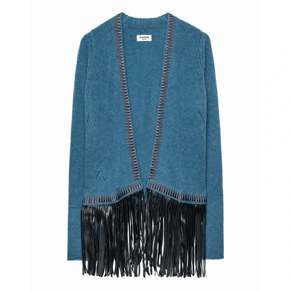 Zadig & Voltaire Marla Cashmere/ Leather Fringe Cardigan Boho Rock - Picture 9 of 15